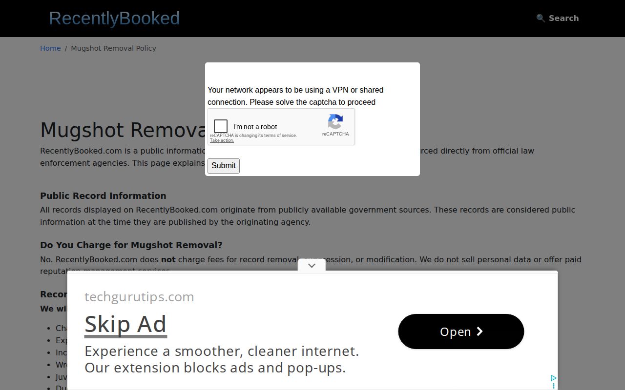 RecentlyBooked Bingham County third-party correction policy for booking records
