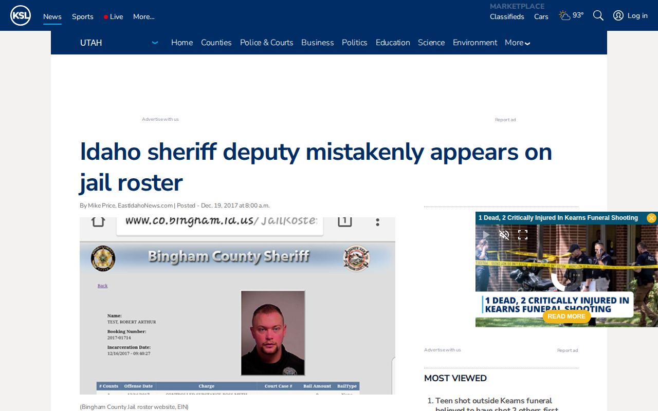 KSL report documenting a Bingham County booking-record test entry and correction lesson