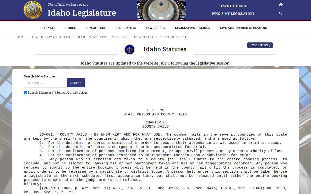 Idaho Code booking statute reference for Bingham County jail records