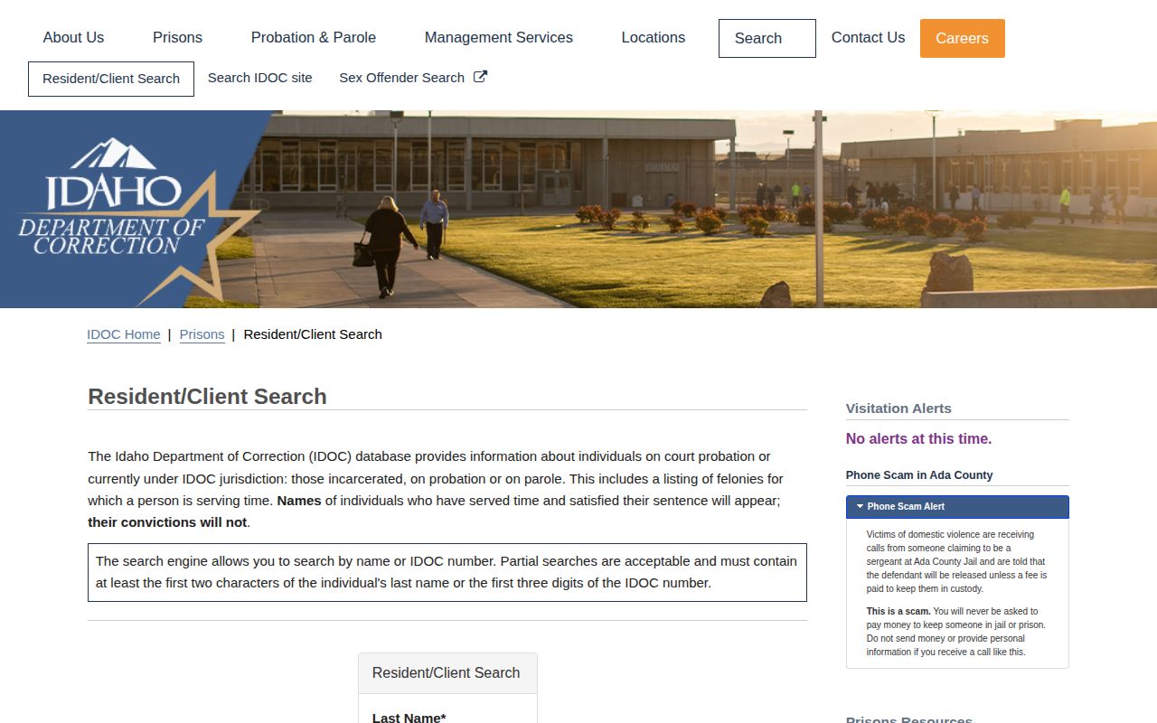 Idaho Department of Correction resident search for state custody records