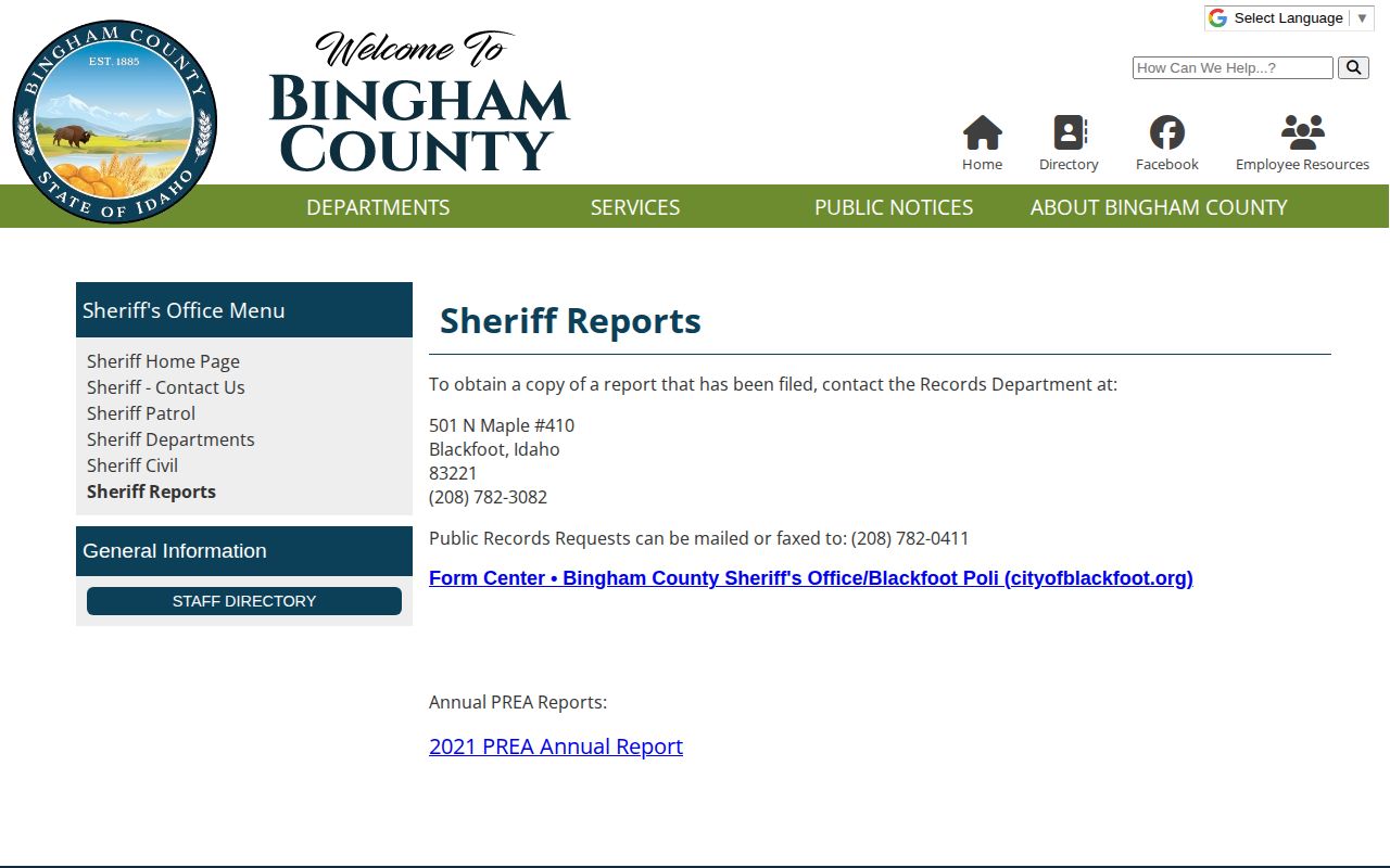 Bingham County Sheriff reports and official records request direction