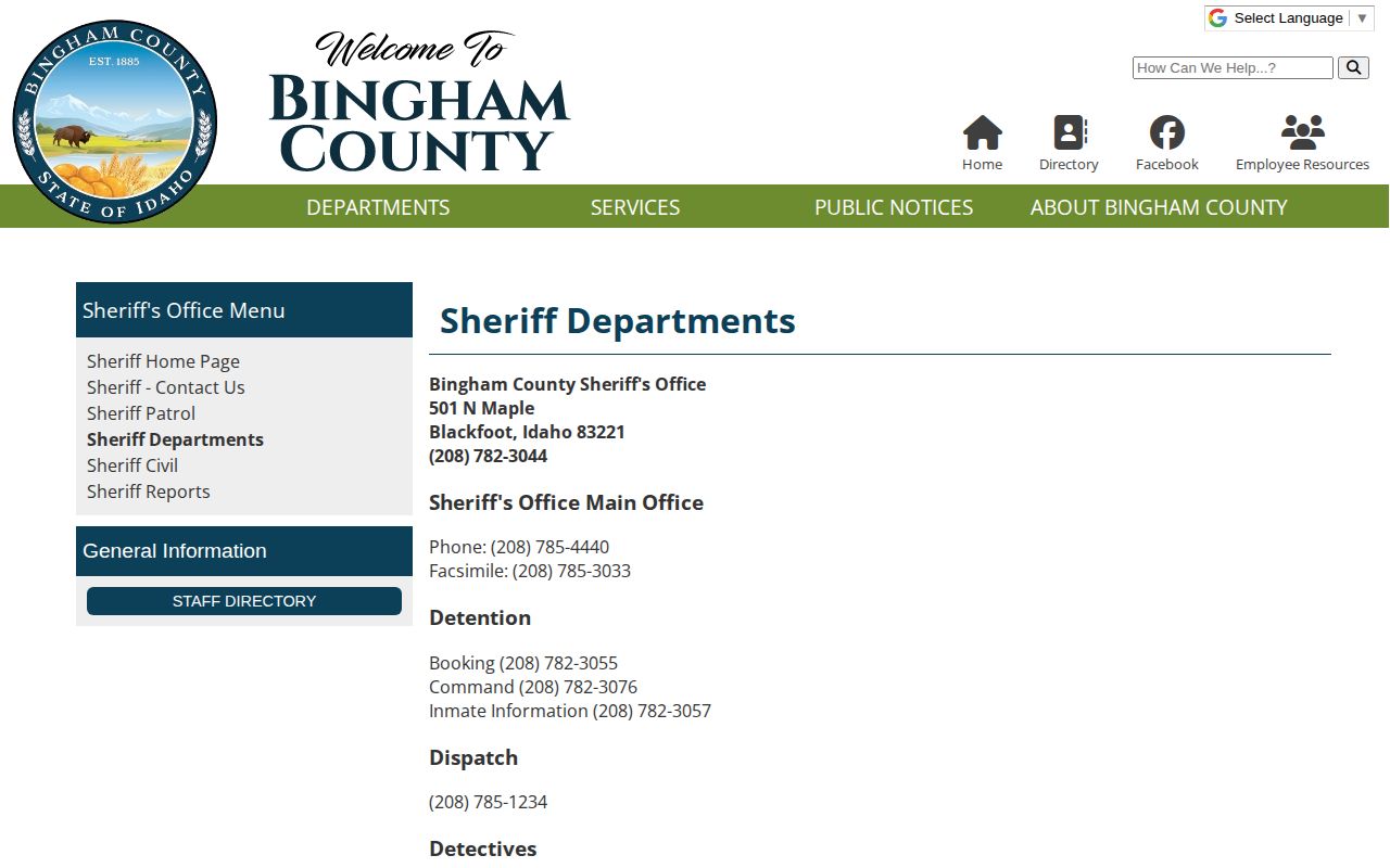 Bingham County Sheriff department records and detention contact information
