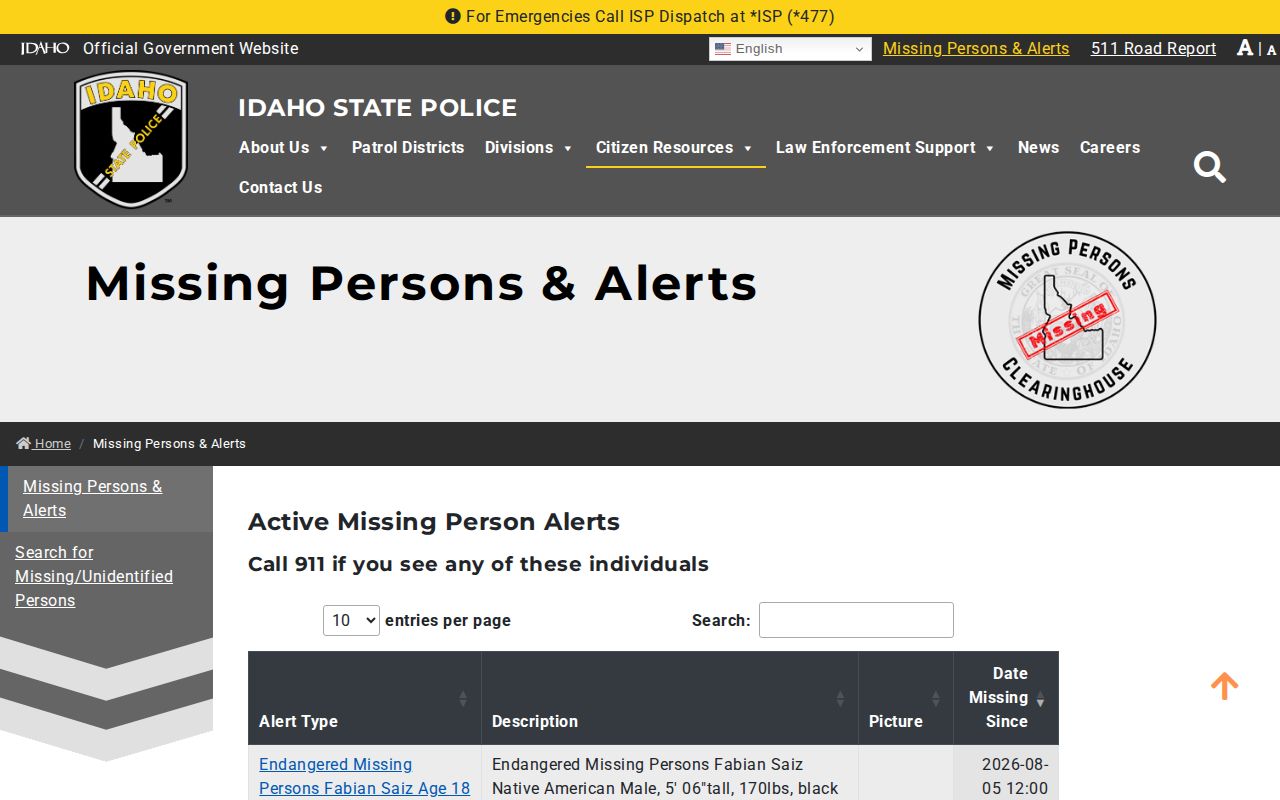 Idaho State Police public-safety alerts and Bingham County warrant-record routing