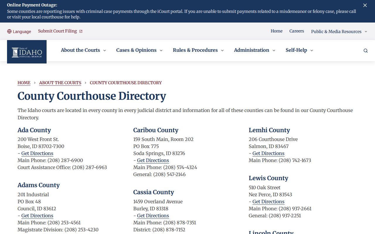 Bingham County courthouse directory and warrant court-record routing