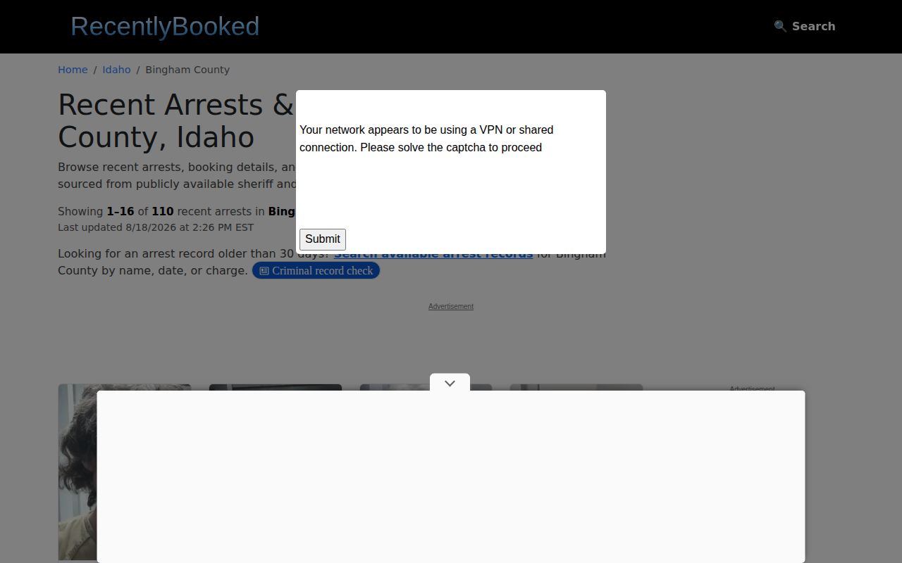 RecentlyBooked Bingham County third-party booking-record search section