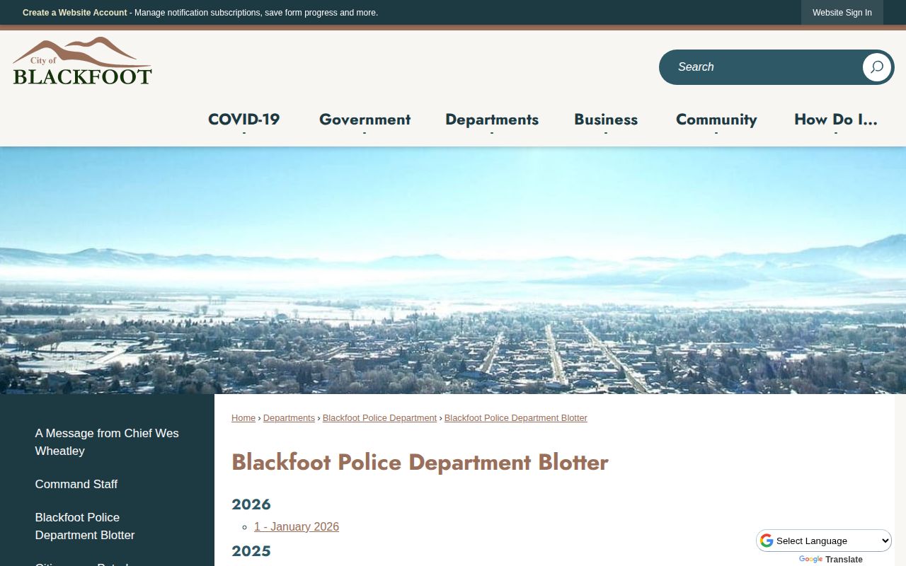 Blackfoot Police monthly blotter screenshot for Bingham County arrest and booking records